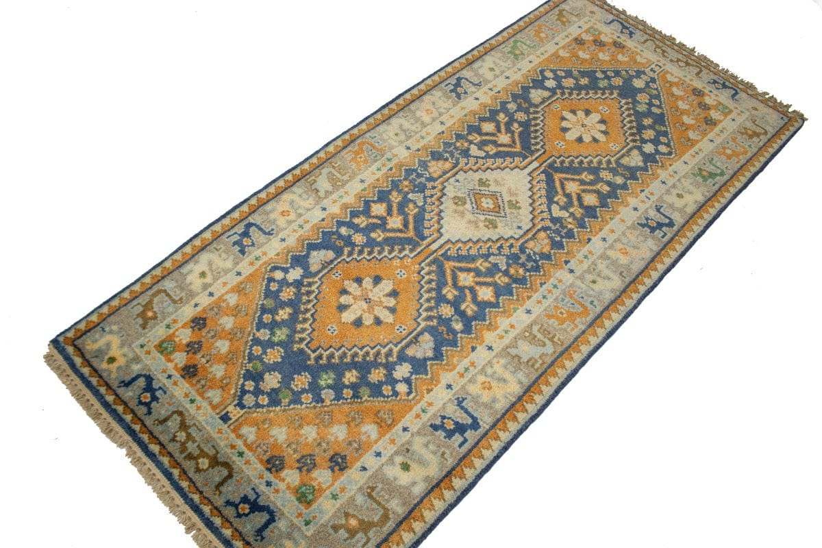 Blue & Orange Geometric 3X6 Indo-Yalameh Oriental Rug