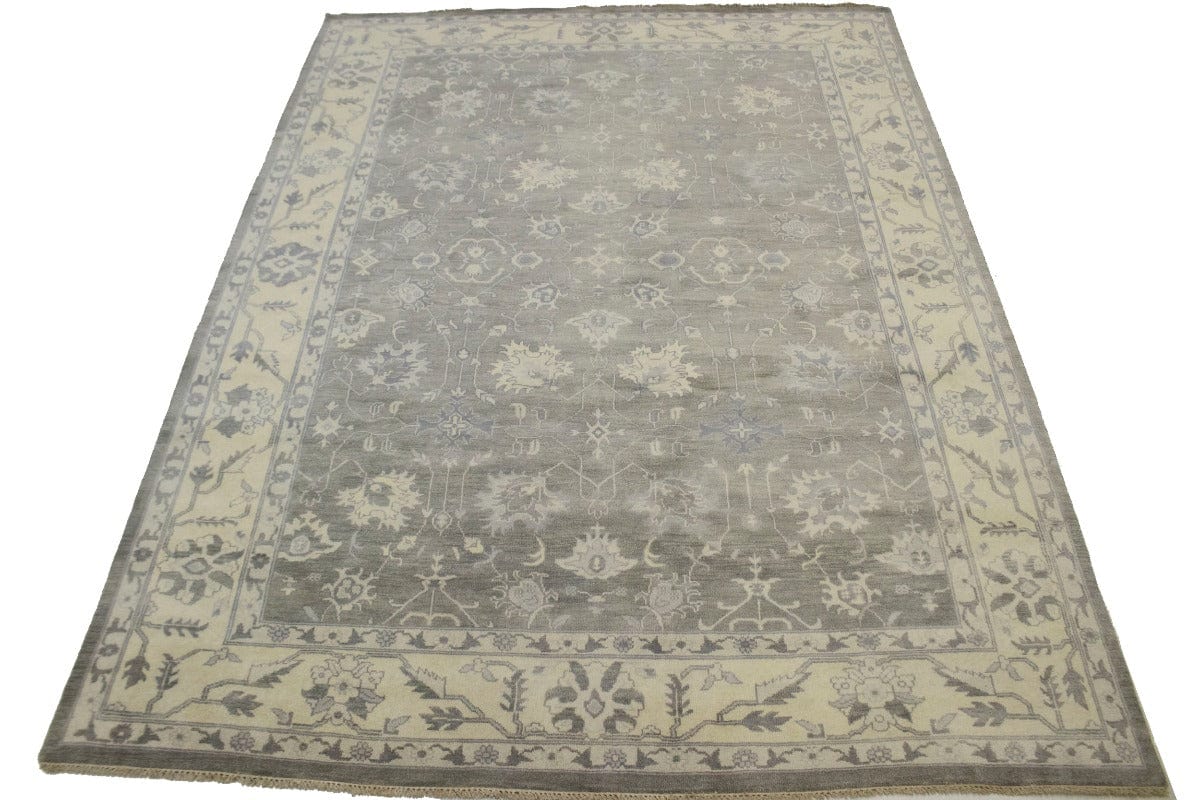 Brownish Grey Floral 10X14 Oushak Oriental Rug