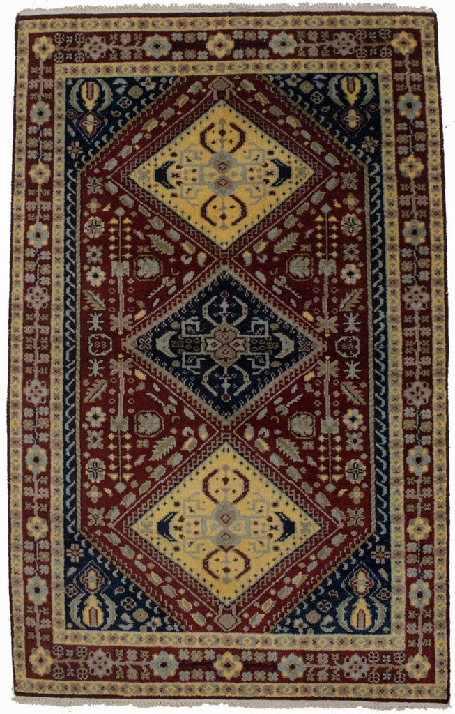 Maroon Red Geometric 5X8 Kazak Oriental Rug