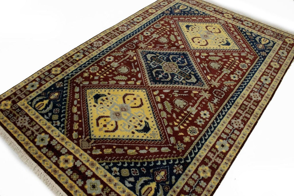 Maroon Red Geometric 5X8 Kazak Oriental Rug