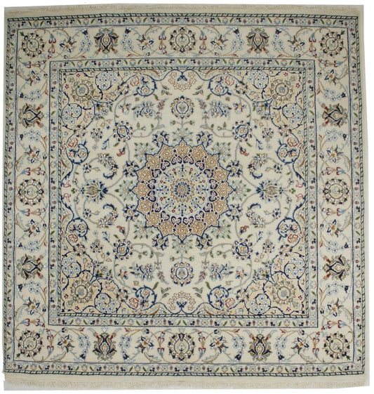 Cream Floral 5X5 Indo-Nain Oriental Square Rug