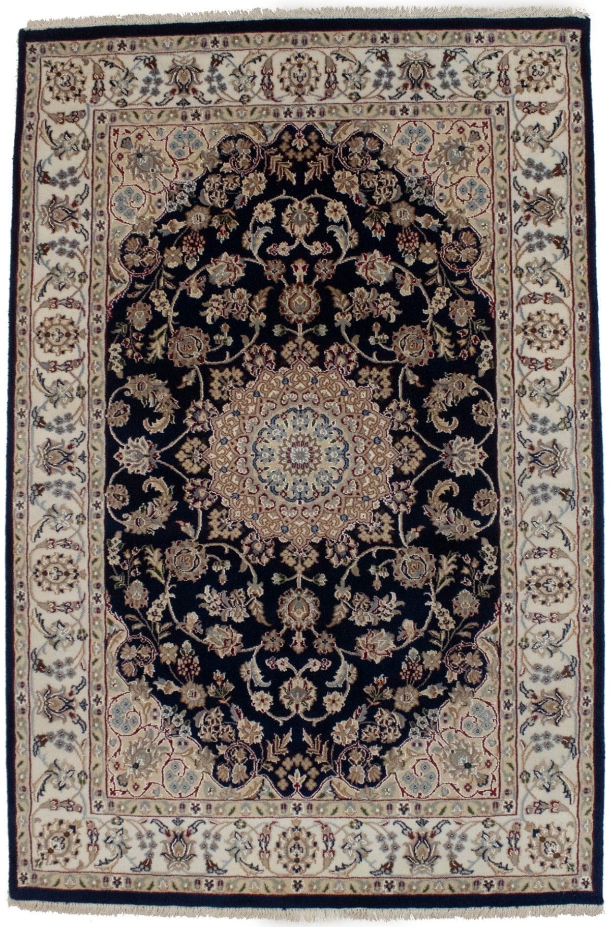 Dark Navy Floral 4X6 Indo-Nain Oriental Rug