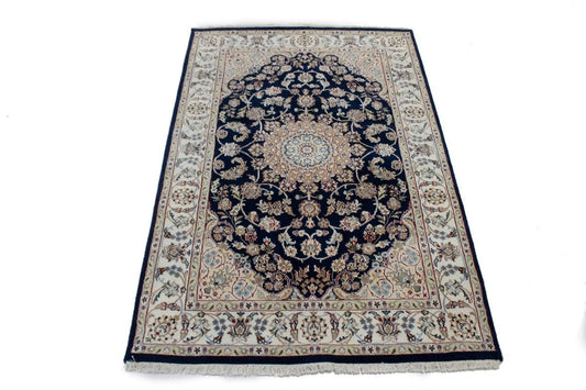 Dark Navy Floral 4X6 Indo-Nain Oriental Rug