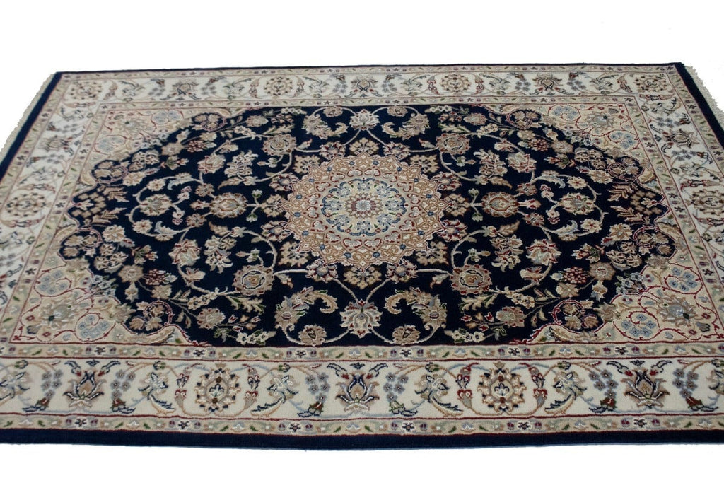 Dark Navy Floral 4X6 Indo-Nain Oriental Rug