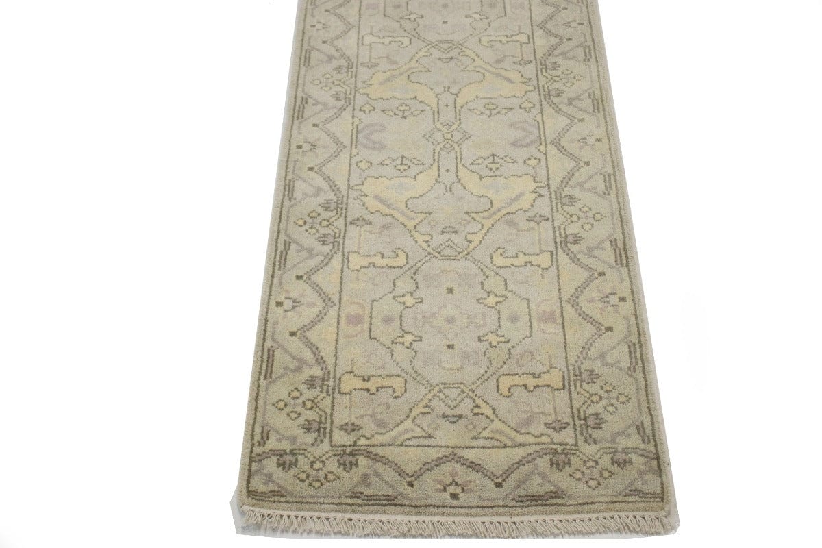 Beige Casual Floral 3X2 Oushak Chobi Oriental Runner Rug