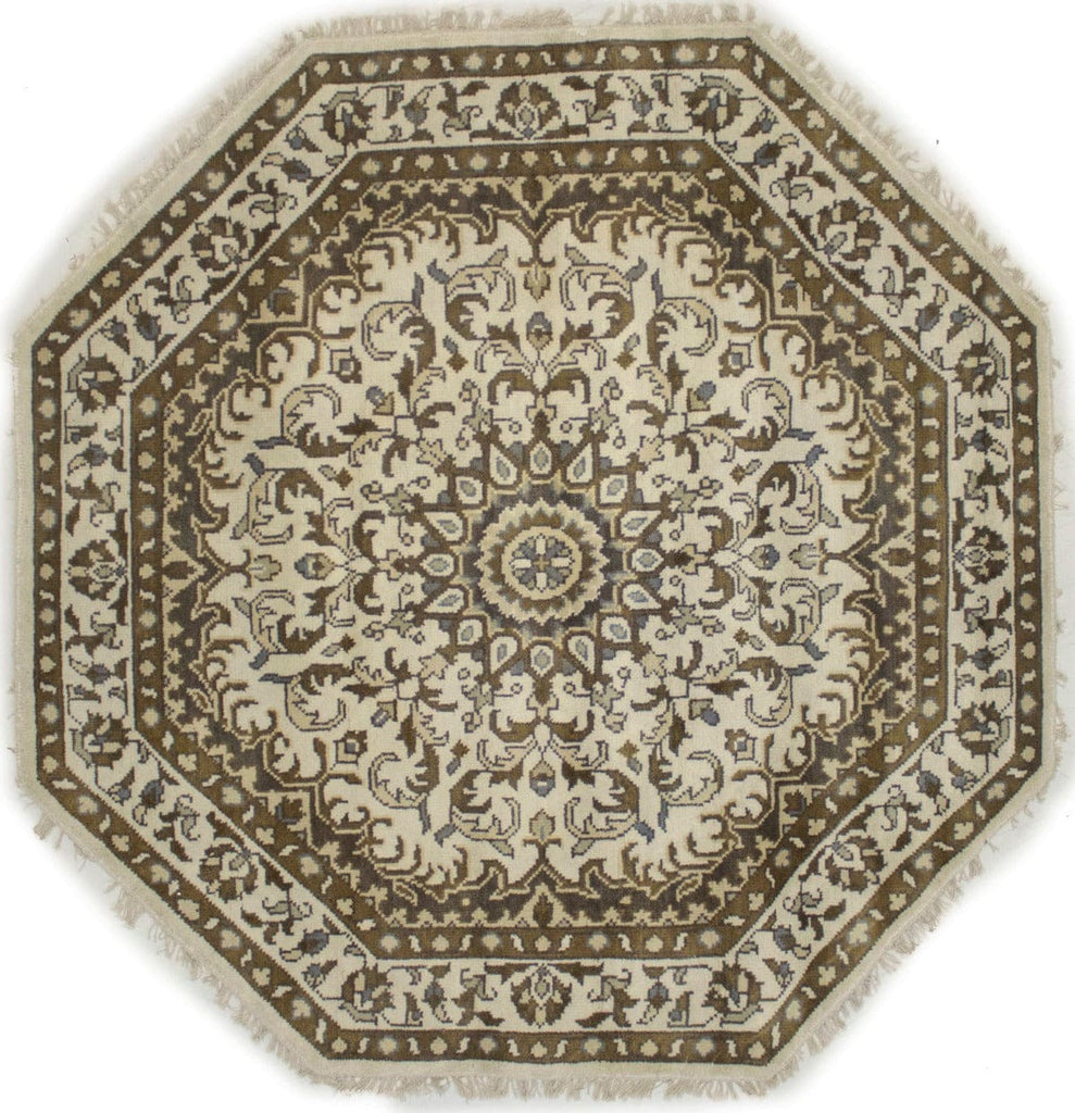 Cream Geometric Floral Kashan 6X6 Oriental Octagon Rug