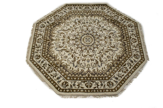 Cream Geometric Floral Kashan 6X6 Oriental Octagon Rug