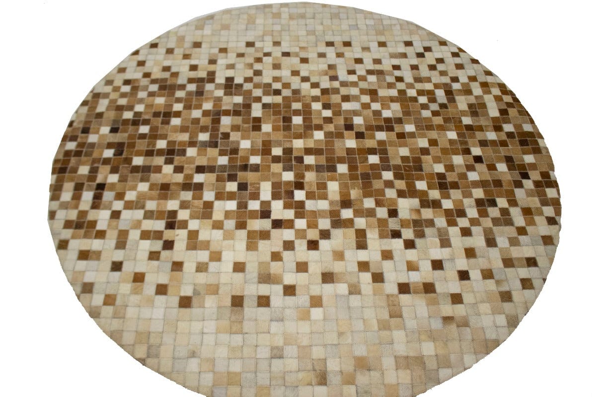 Beige Brown Cowhide 6X6 Modern Leather Round Rug