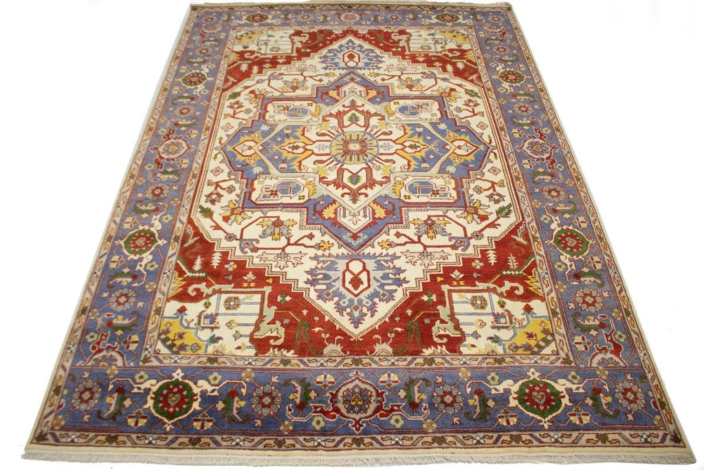 Cream & Lilac Gray Floral 10X14 Heriz Serapi Oriental Rug