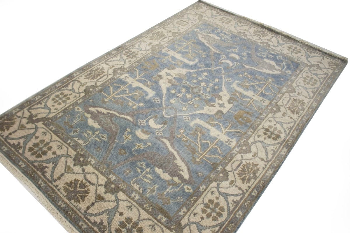 Blue Floral 5X8 Oushak Oriental Rug