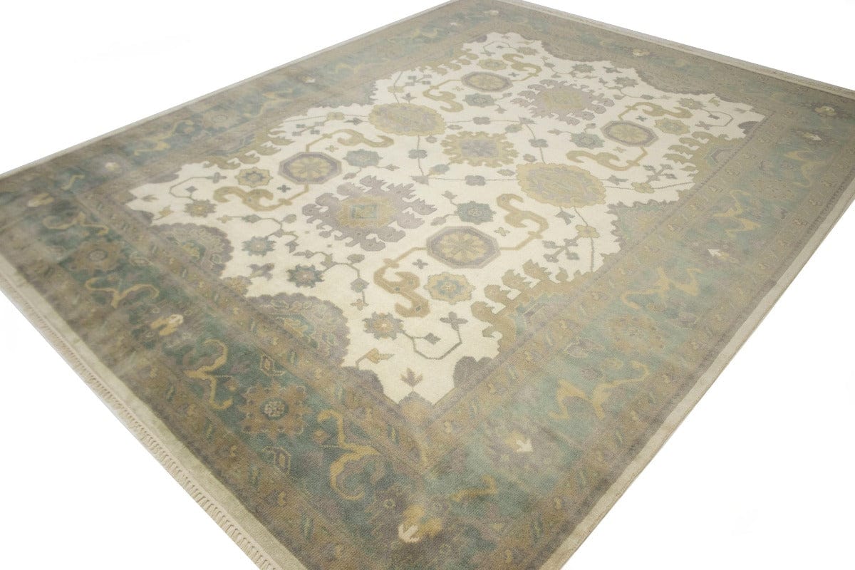 Cream Green Floral 9X12 Oushak Chobi Oriental Rug