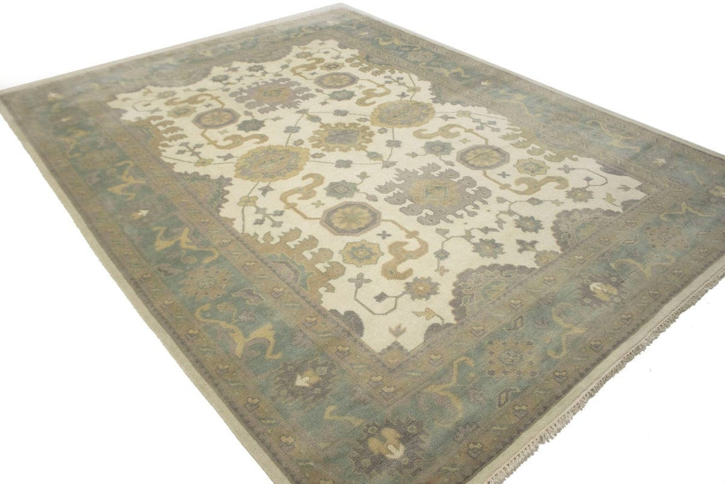 Cream Green Floral 9X12 Oushak Chobi Oriental Rug