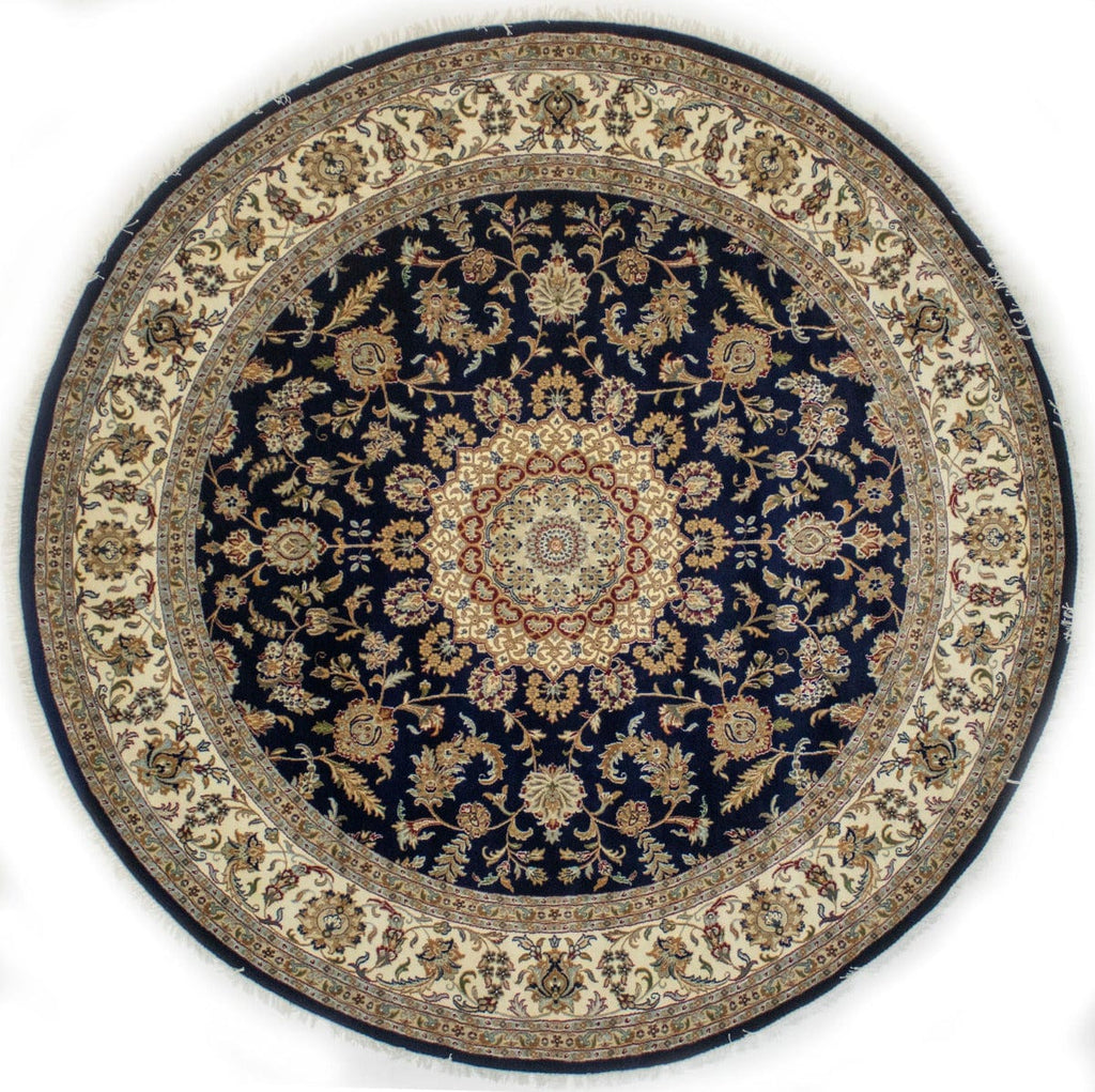 Navy Blue Classic Floral 10X10 Indo-Nain Oriental Round Rug