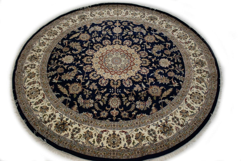 Navy Blue Classic Floral 10X10 Indo-Nain Oriental Round Rug