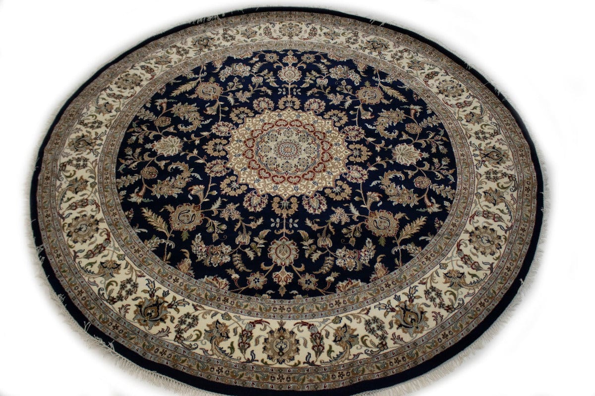 Navy Blue Classic Floral 10X10 Indo-Nain Oriental Round Rug