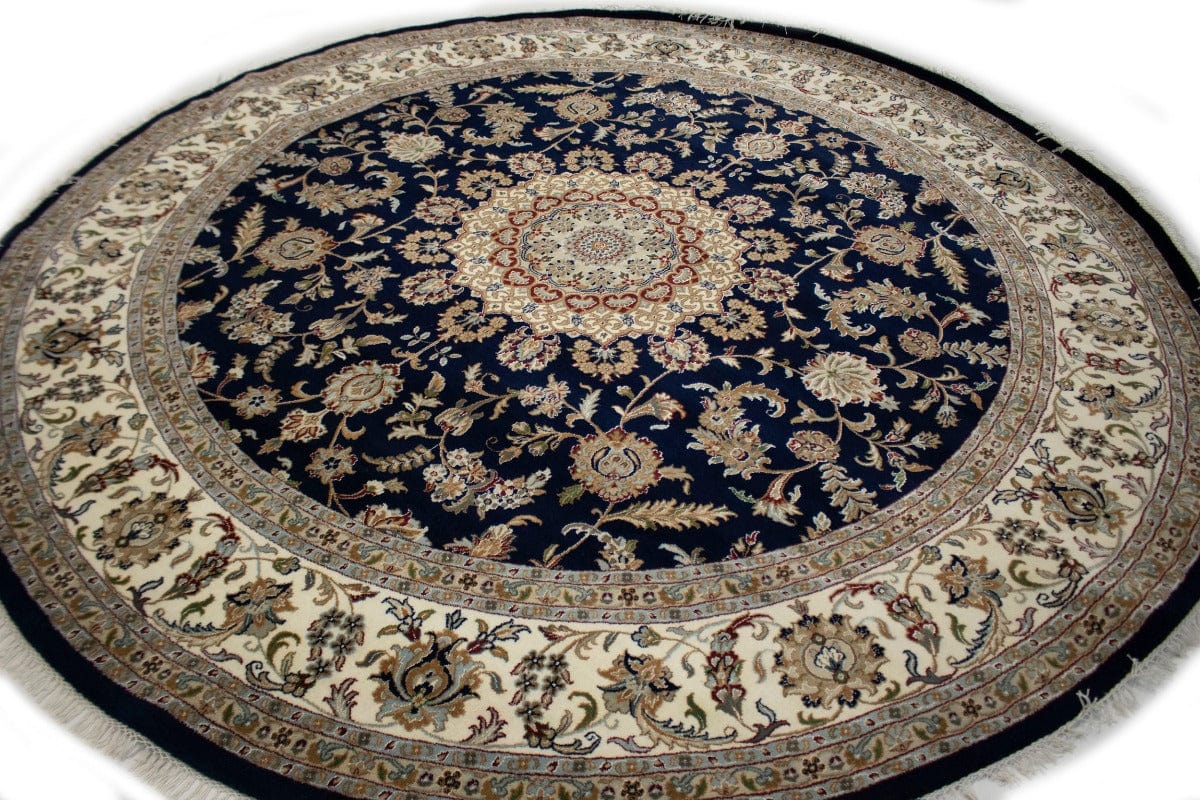 Navy Blue Classic Floral 10X10 Indo-Nain Oriental Round Rug