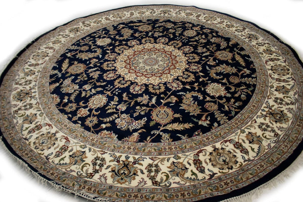 Navy Blue Classic Floral 10X10 Indo-Nain Oriental Round Rug