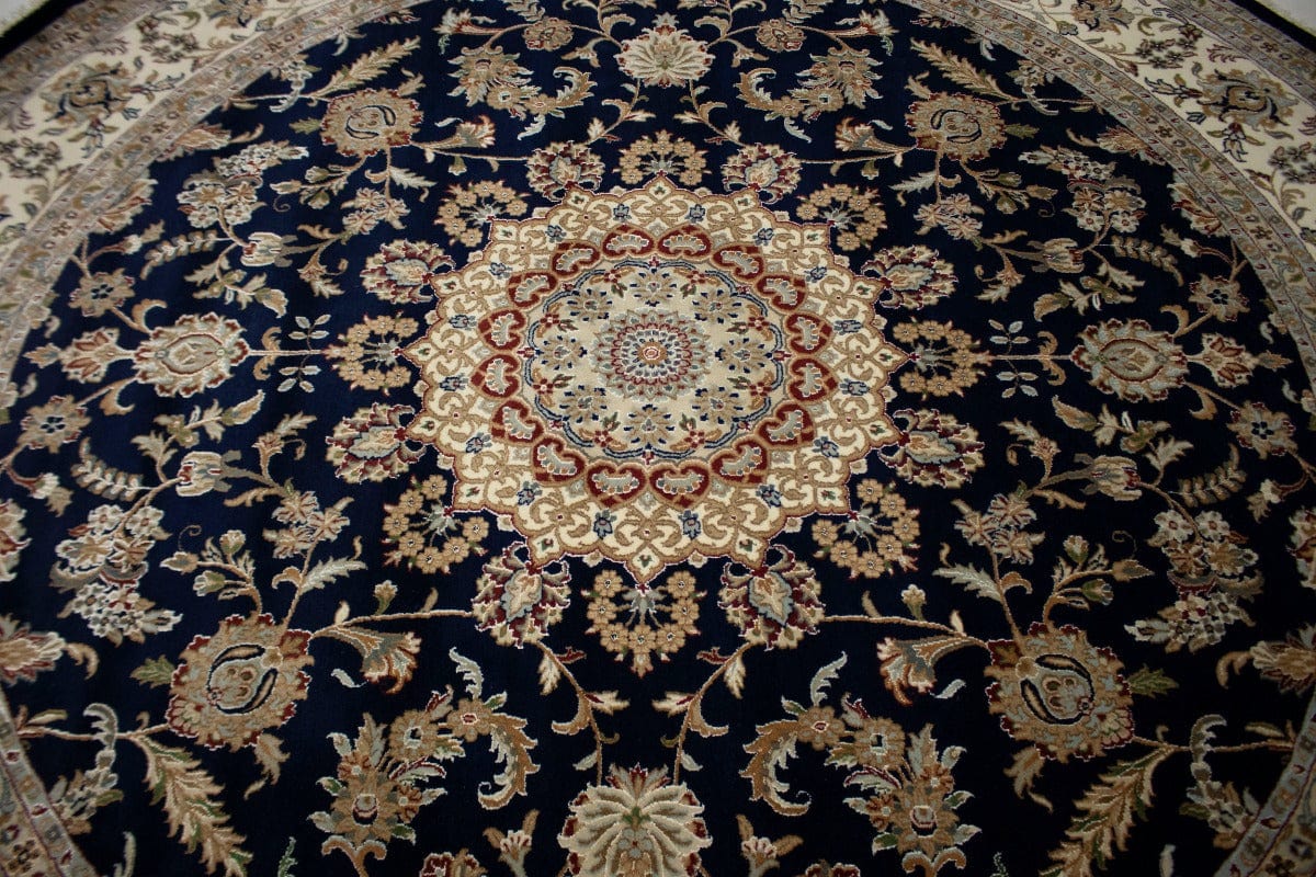 Navy Blue Classic Floral 10X10 Indo-Nain Oriental Round Rug