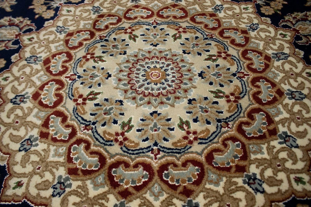 Navy Blue Classic Floral 10X10 Indo-Nain Oriental Round Rug