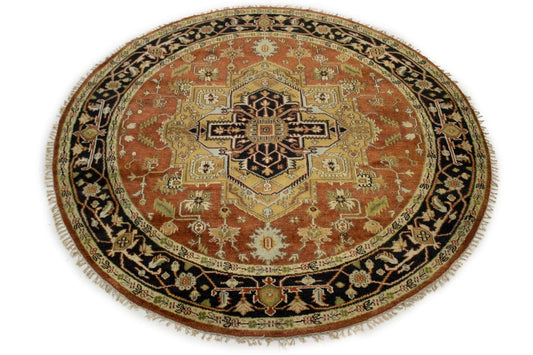 Rust Geometric 8X8 Heriz Serapi Oriental Round Rug