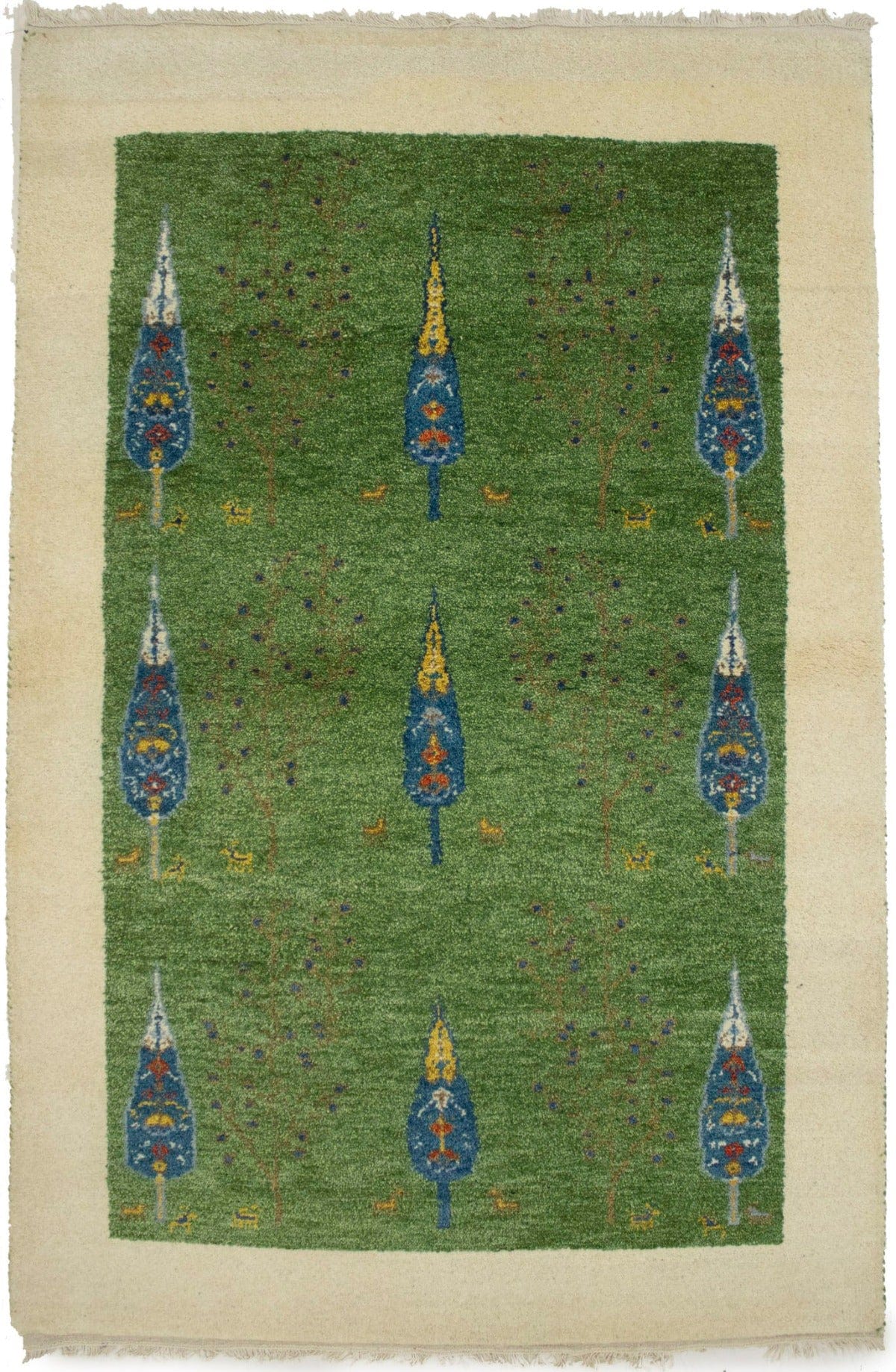 Green Tribal Bordered 4X6 Indo-Gabbeh Oriental Rug