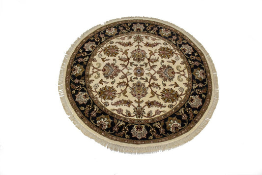 Cream Floral 5X5 Indo-Kashan Oriental Round Rug