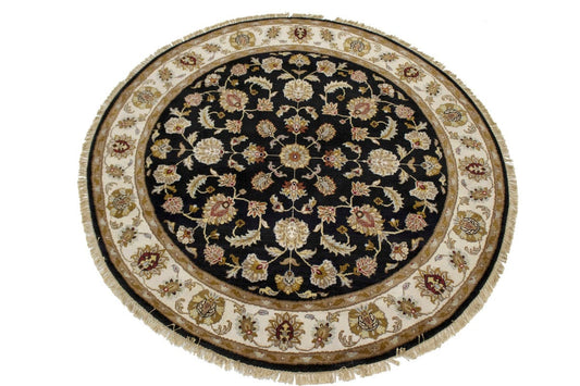 Black Floral 6X6 Indo-Kashan Oriental Round Rug