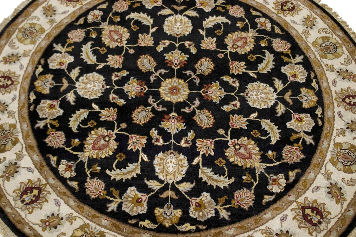 Black Floral 6X6 Indo-Kashan Oriental Round Rug