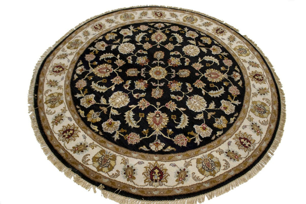 Black Floral 6X6 Indo-Kashan Oriental Round Rug