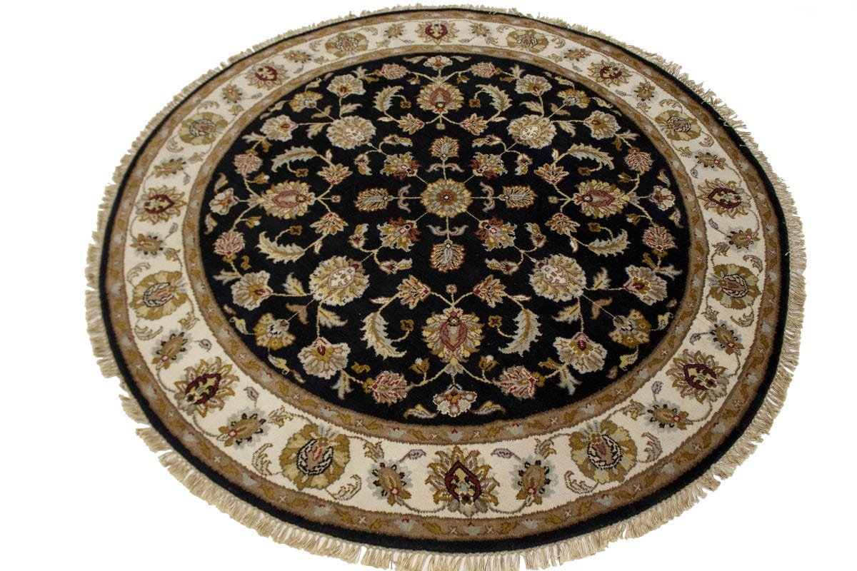 Black Floral 6X6 Indo-Kashan Oriental Round Rug