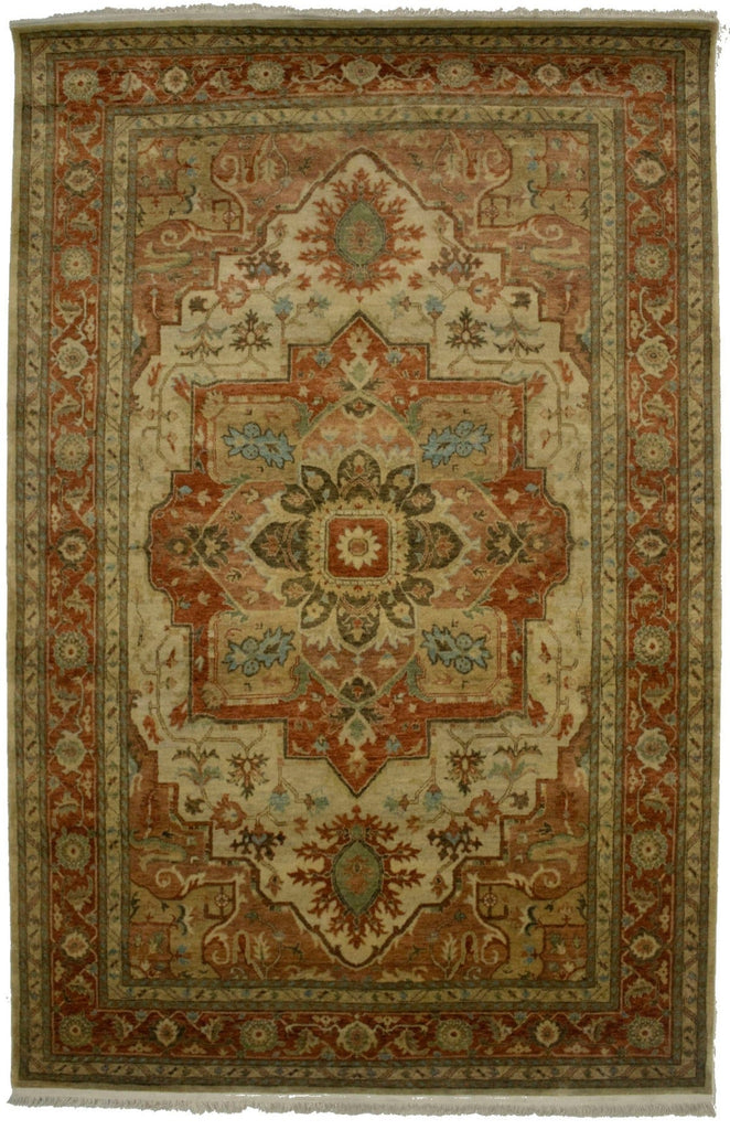 Cream & Rust Orange Traditional 6X9 Heriz Serapi Oriental Rug