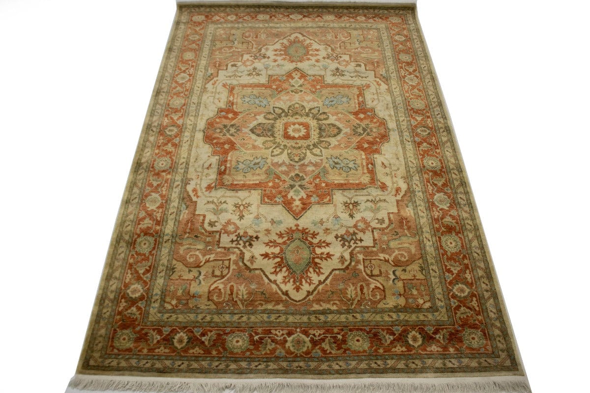 Cream & Rust Orange Traditional 6X9 Heriz Serapi Oriental Rug