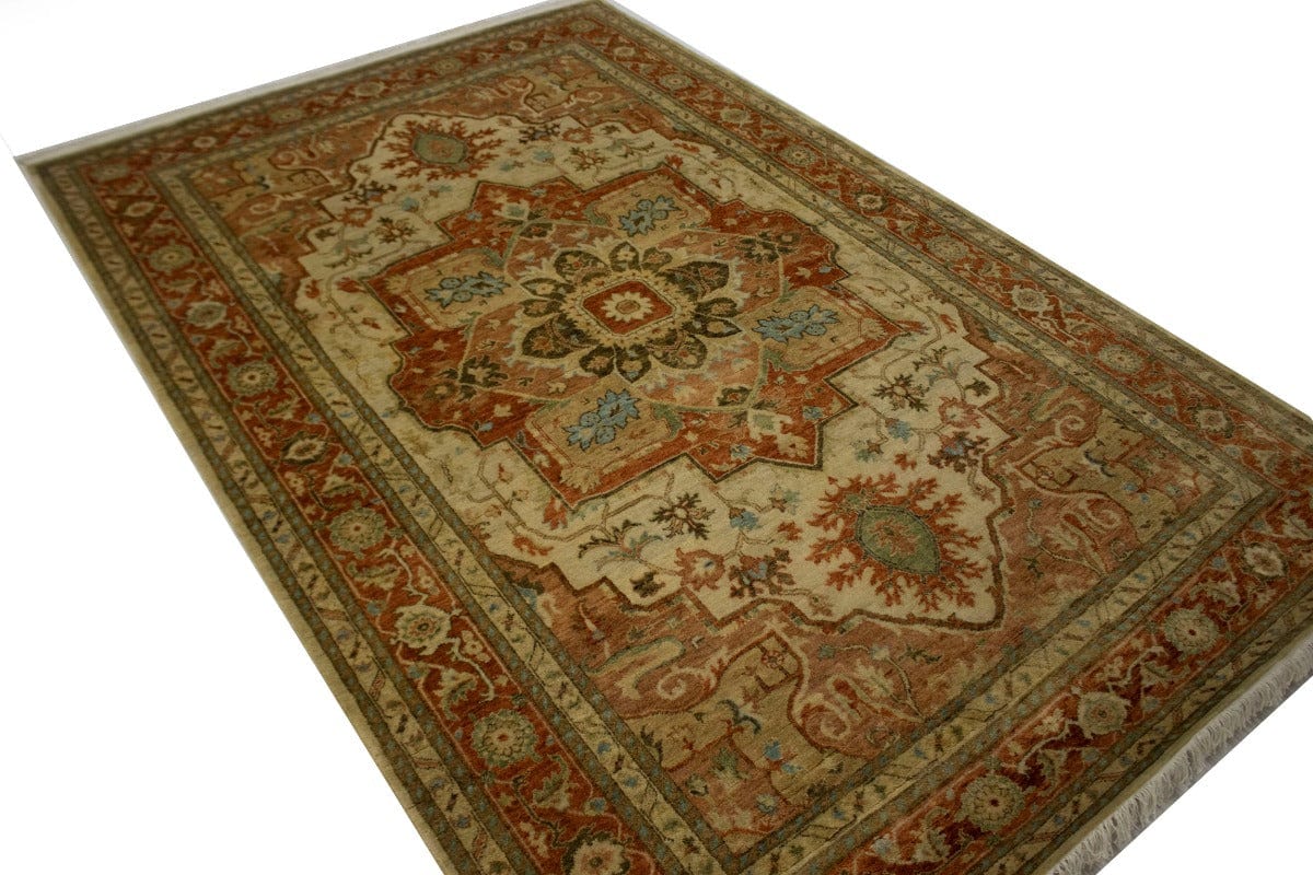 Cream & Rust Orange Traditional 6X9 Heriz Serapi Oriental Rug