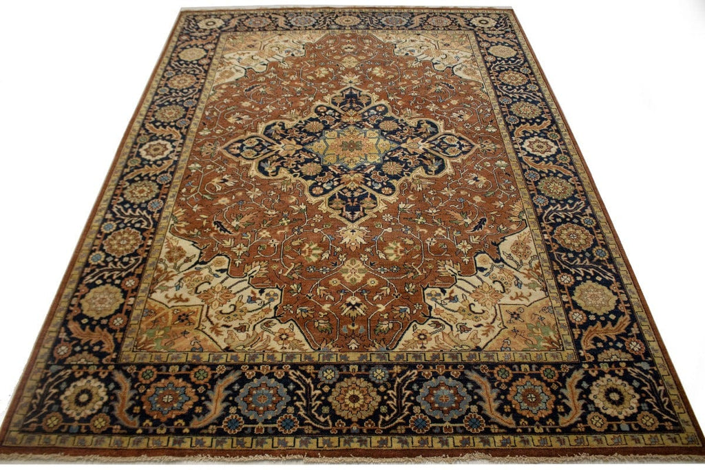 Rust & Navy Floral Traditional 9X12 Heriz Serapi Oriental Rug