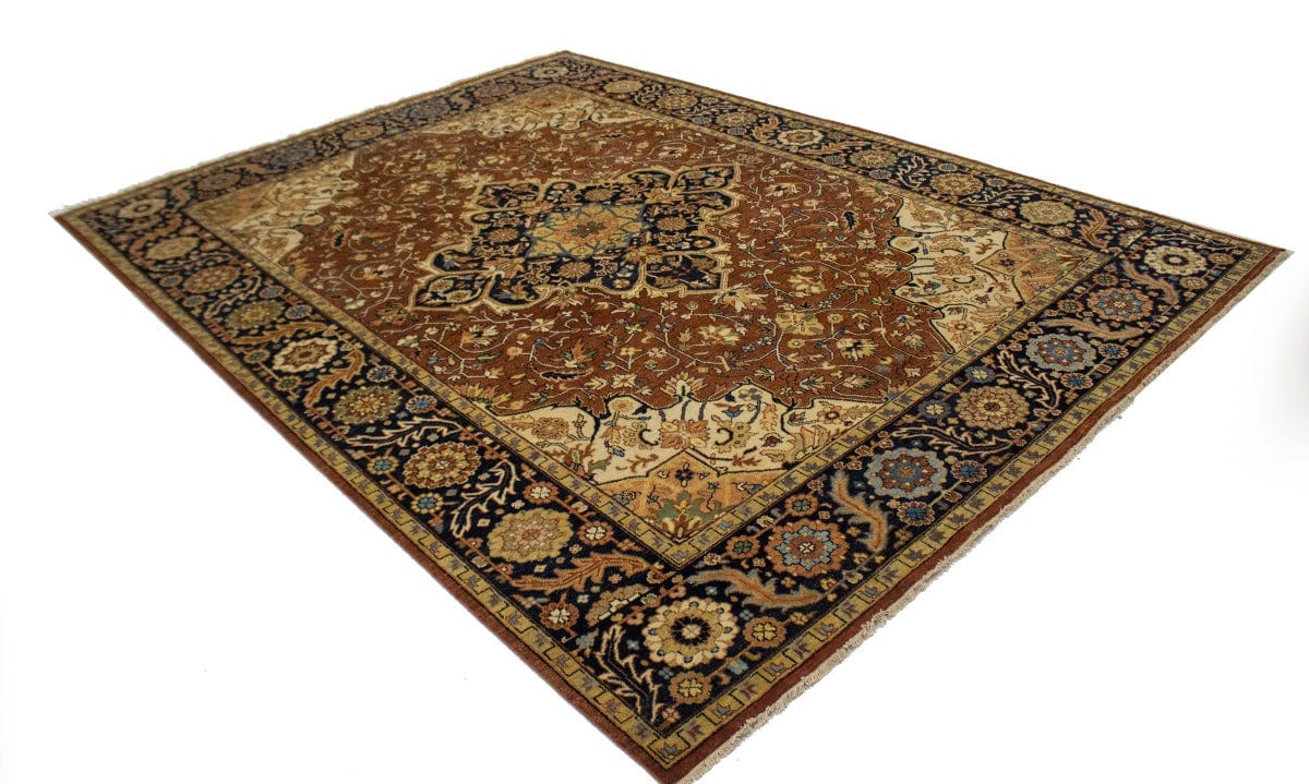 Rust & Navy Floral Traditional 9X12 Heriz Serapi Oriental Rug