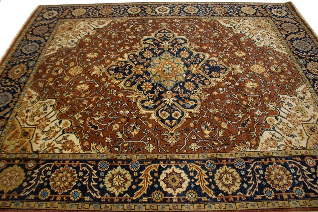 Rust & Navy Floral Traditional 8X10 Heriz Serapi Oriental Rug