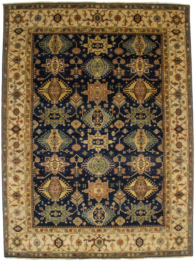 Navy & Cream Tribal Geometric 9X12 Indo-Karajeh Oriental Rug