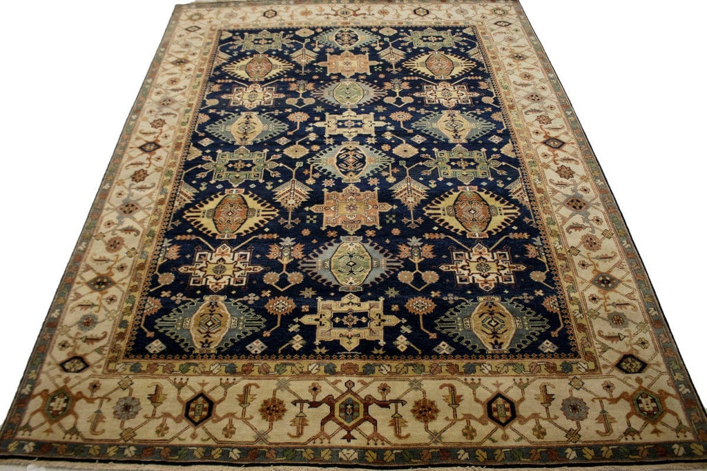 Navy & Cream Tribal Geometric 9X12 Indo-Karajeh Oriental Rug