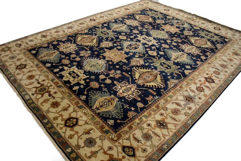 Navy & Cream Tribal Geometric 9X12 Indo-Karajeh Oriental Rug