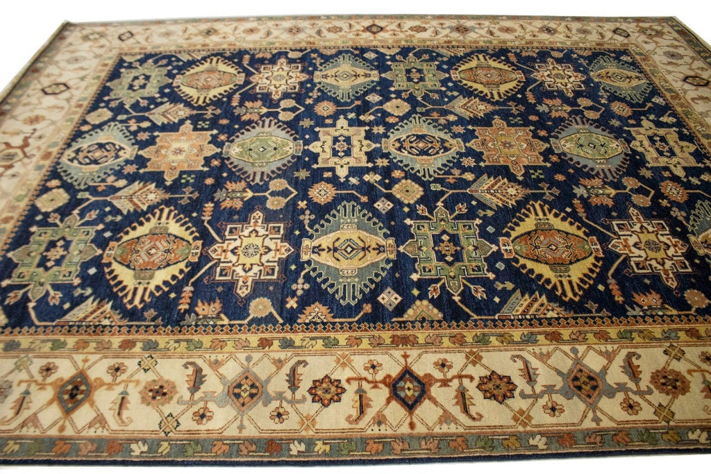 Navy & Cream Tribal Geometric 9X12 Indo-Karajeh Oriental Rug