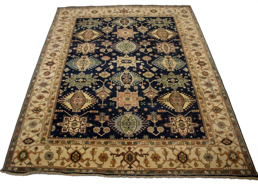 Navy & Cream Tribal Geometric 8X10 Indo-Karajeh Oriental Rug