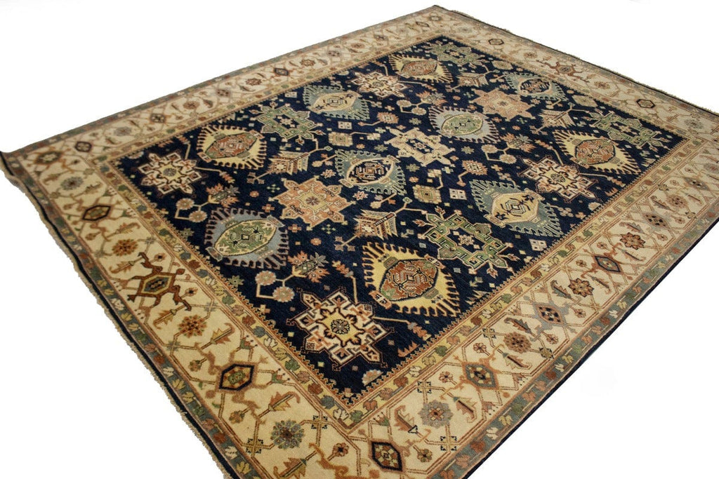 Navy & Cream Tribal Geometric 8X10 Indo-Karajeh Oriental Rug