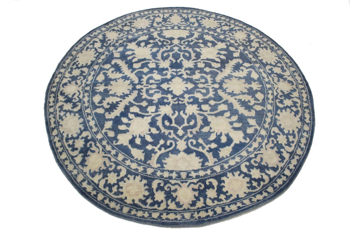 Slate Blue Floral Transitional 8X8 Oriental Round Rug