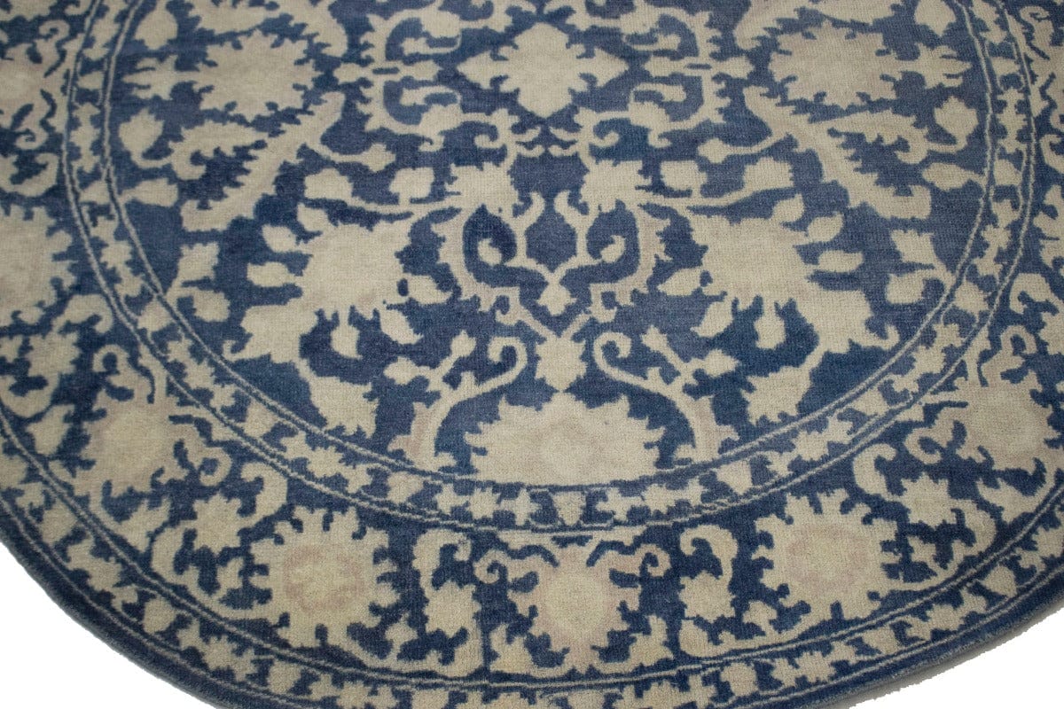 Slate Blue Floral Transitional 8X8 Oriental Round Rug