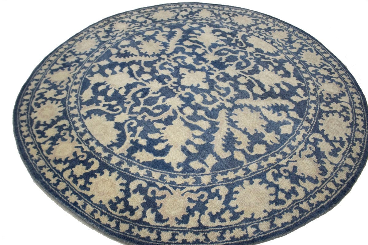 Slate Blue Floral Transitional 8X8 Oriental Round Rug