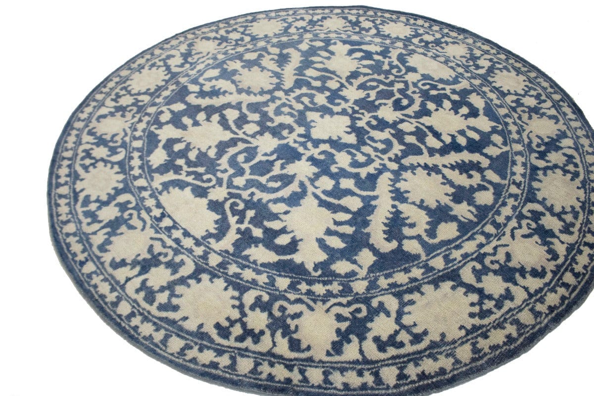 Slate Blue Floral Transitional 8X8 Oriental Round Rug