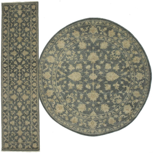 Set of Slate Floral 8X8 Round & 3X10 Runner Oriental Rugs