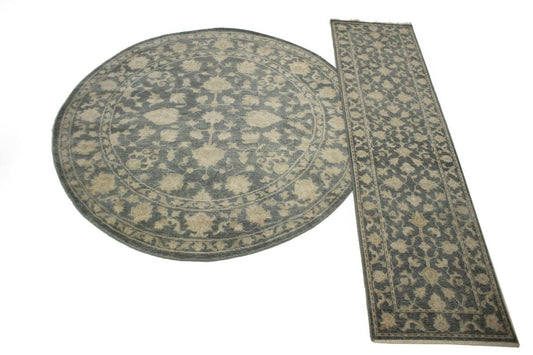 Set of Slate Floral 8X8 Round & 3X10 Runner Oriental Rugs