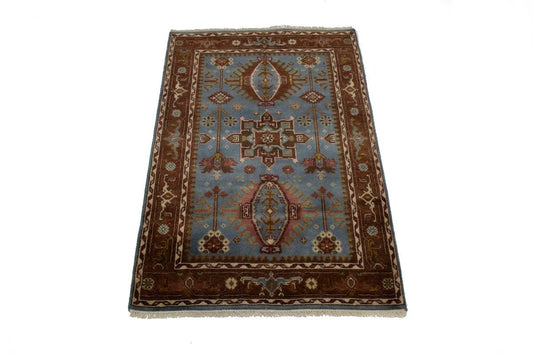 Blue-Gray Geometric 4X6 Indo-Karajeh Oriental Rug