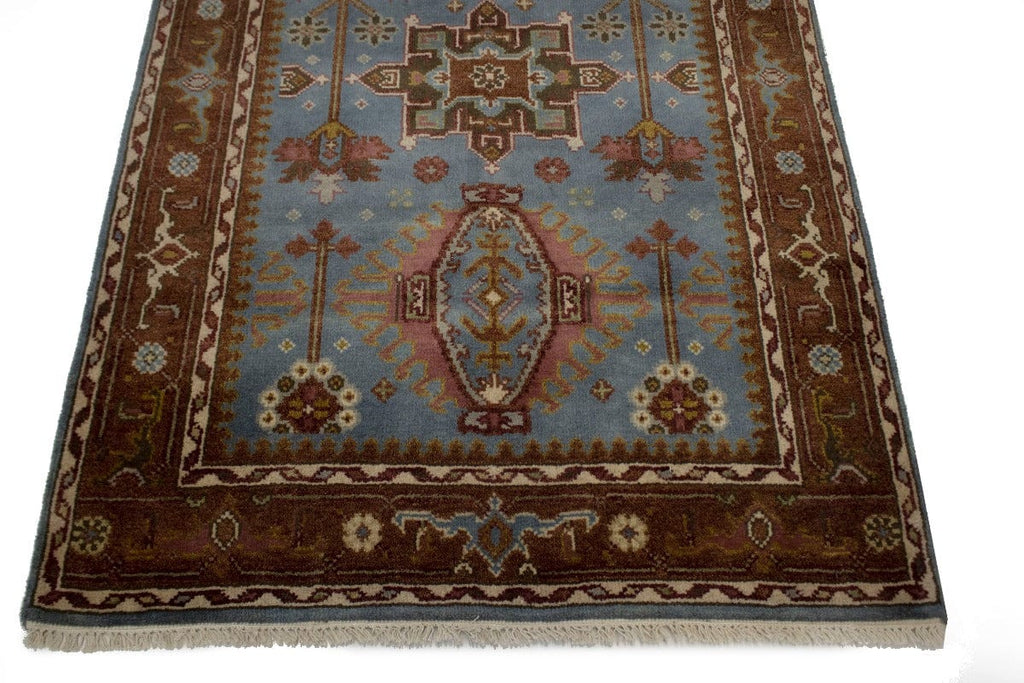 Blue-Gray Geometric 4X6 Indo-Karajeh Oriental Rug